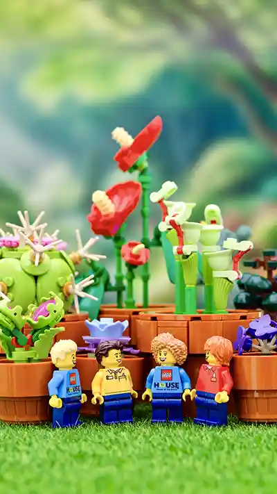 Four LEGO minifigures in employee uniforms chat cheerfully in front of a colorful display of brick-built plants and flowers arranged in brown pots, set against a lush garden backdrop.