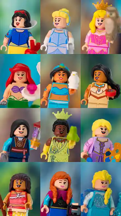 A colorful collage of twelve LEGO Disney princess minifigures arranged in a 4x3 grid, including Snow White, Cinderella, Aurora, Ariel, Jasmine, Pocahontas, Mulan, Tiana, Rapunzel, Moana, Anna, and Elsa, each in their signature outfits with themed accessories.