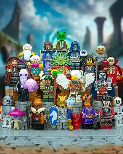 A large group of fantasy-themed LEGO minifigures inspired by Dungeons & Dragons, featuring wizards, warriors, monsters, and magical creatures in a dramatic adventure setting.