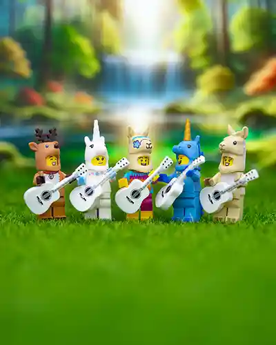 Five LEGO minifigures in whimsical animal costumes—including a reindeer, unicorn, llama, blue unicorn, and alpaca—stand on vibrant grass holding white guitars, performing together in front of a dreamy forest waterfall background.